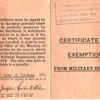 Certificate of Exemption from Military Service : 1918
