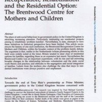 Report : Recuperation, Rehabilitation and Residential Options : The Brentwood Centre for Mother and Children